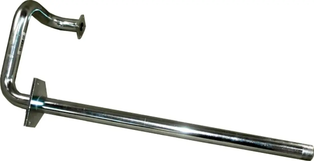 Verrohrung in metallischer Ausführung, verwendet für Gasanschlüsse, hergestellt von Wolf. Die Struktur zeigt eine gebogene Form mit flachem Flansch.
